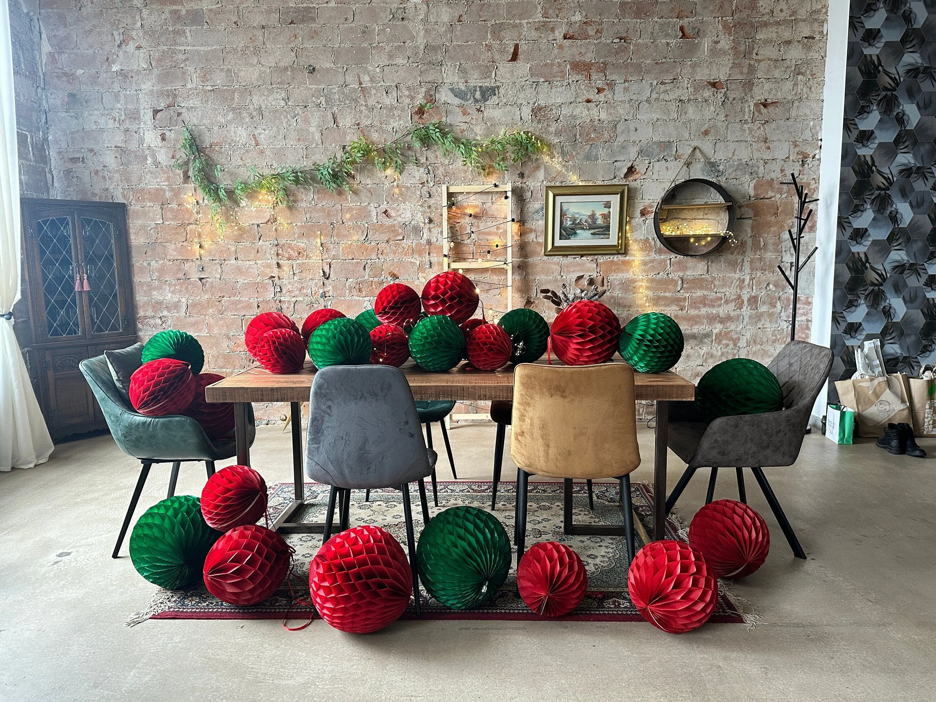 Deep red  and holiday green paper honeycomb balls Red and green Christmas pom poms  birthday Wedding Party Decoration