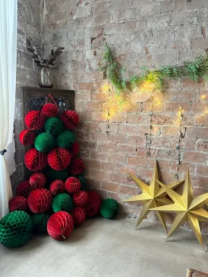 Deep red  and holiday green paper honeycomb balls Red and green Christmas pom poms  birthday Wedding Party Decoration