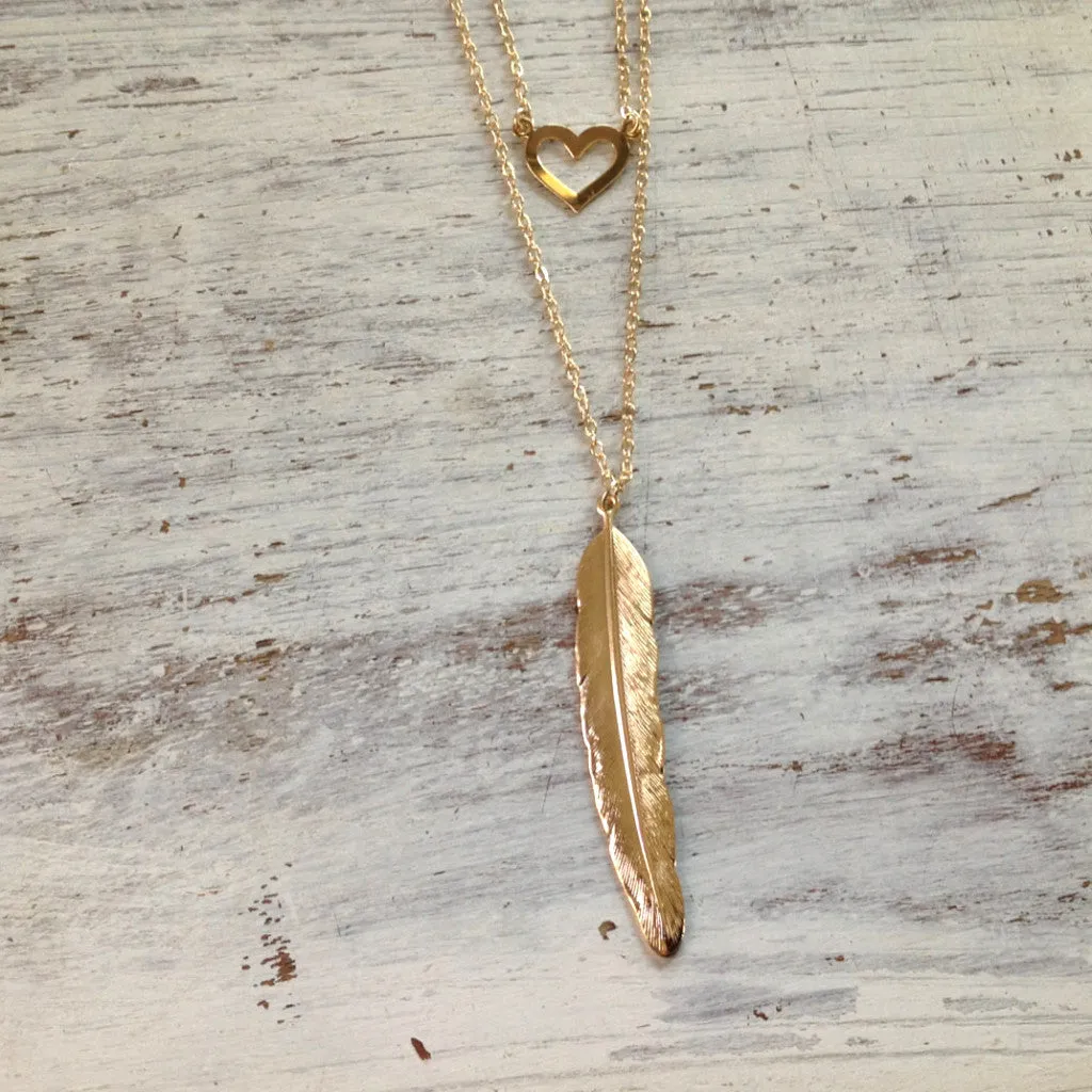 Double pendant Feather Heart Front Back Necklace