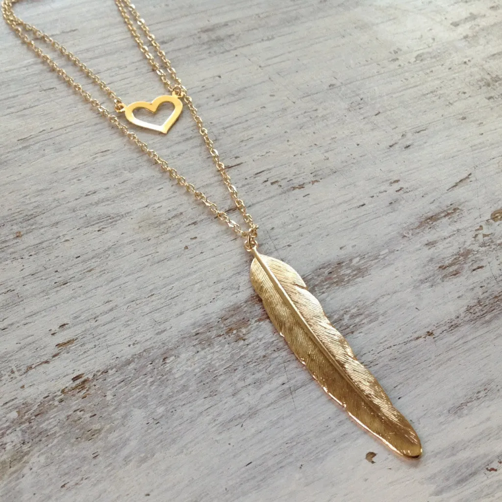 Double pendant Feather Heart Front Back Necklace