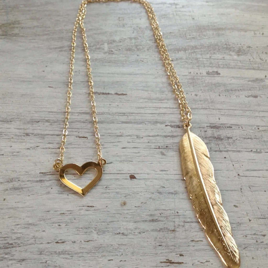 Double pendant Feather Heart Front Back Necklace