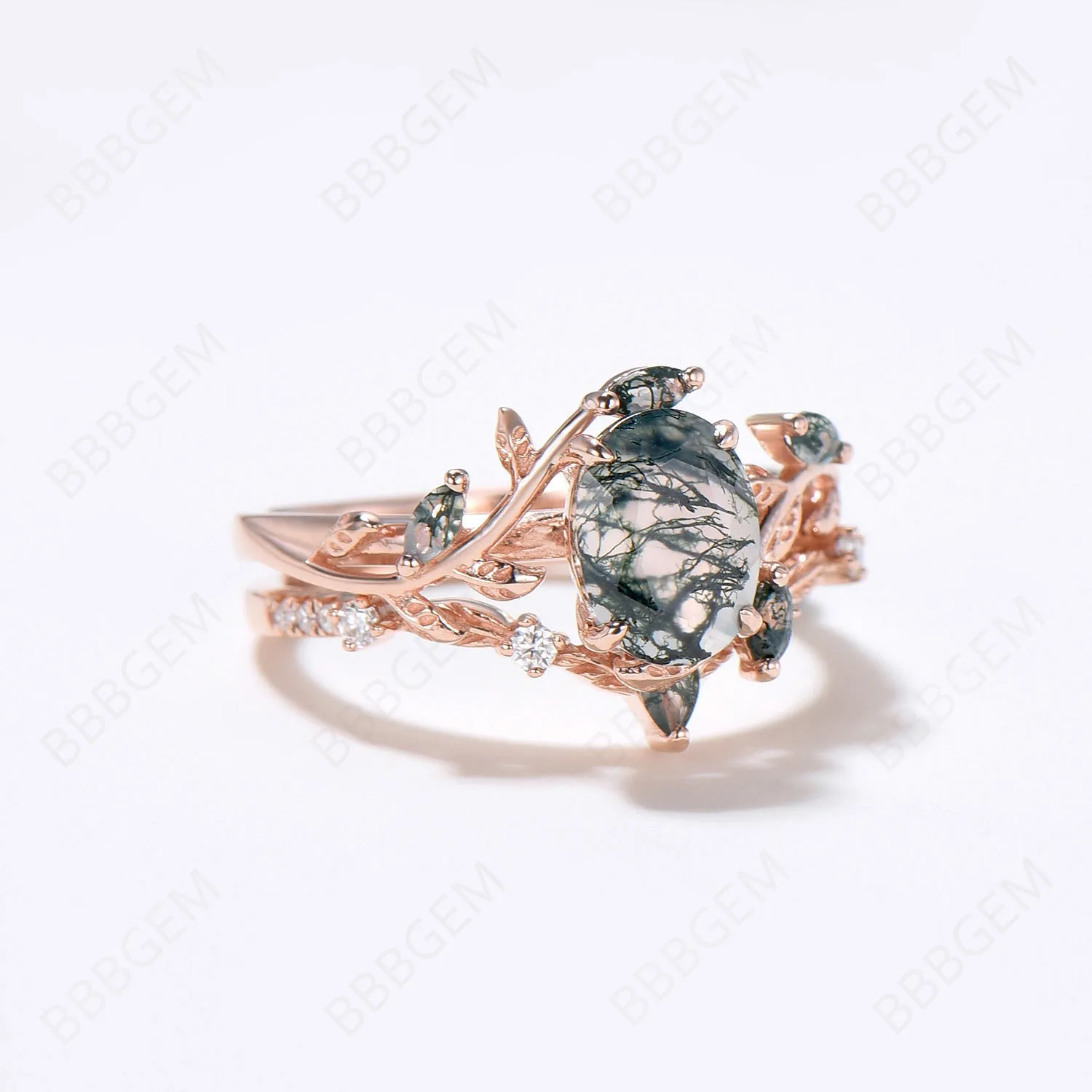 Enchanted Forest: Oval 6x8 Moss Agate Wedding Set in 14K Rose Gold - A Tribute to Nature's Elegance