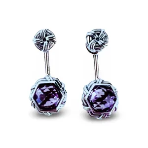 Fantasies Hexagon Push Pin Drop Earrings in sterling silver with amethyst