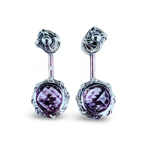 Fantasies Round Push Pin Drop Earrings in sterling silver with amethyst