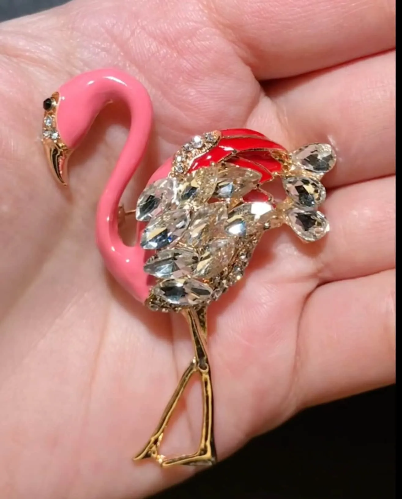 Flamingo brooch gold plated vintage look stunning diamonte king queen pin s23