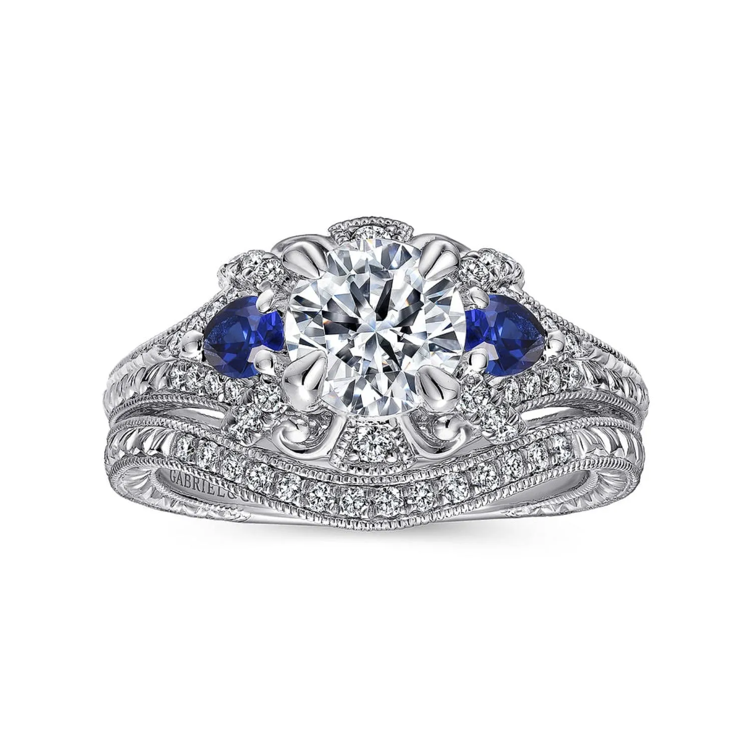 Gabriel & Co. "Chrystie" Diamond & Blue Sapphire Halo Engagement Ring