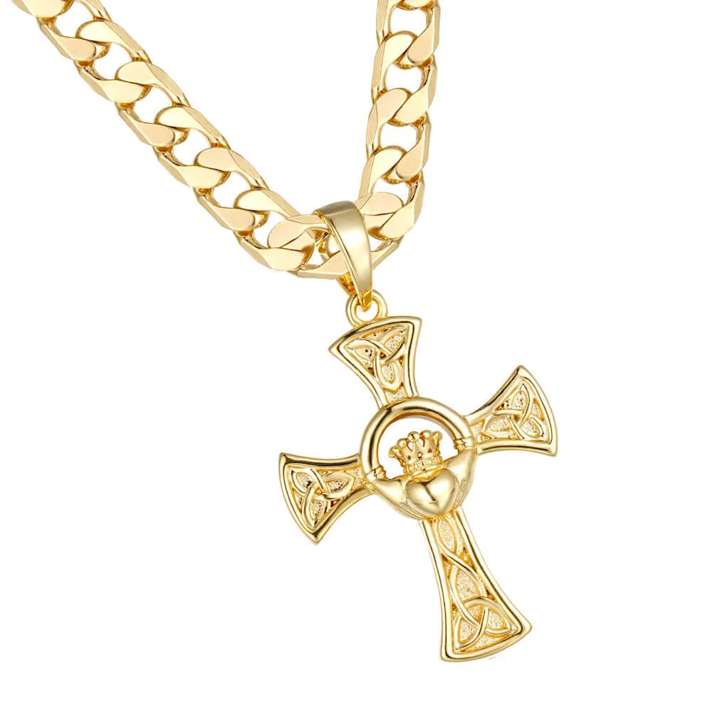 Gold Celtic Claddagh Cross Pendant 22 Inch 4mm Cuban Chain