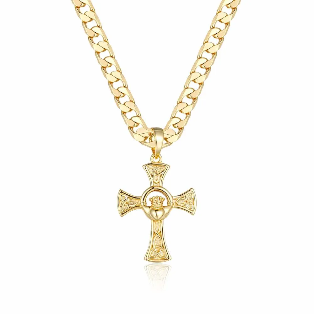 Gold Celtic Claddagh Cross Pendant 22 Inch 4mm Cuban Chain