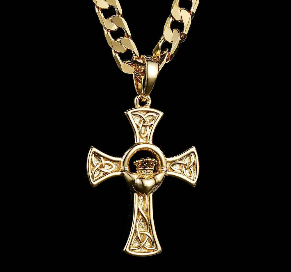 Gold Celtic Claddagh Cross Pendant 22 Inch 4mm Cuban Chain