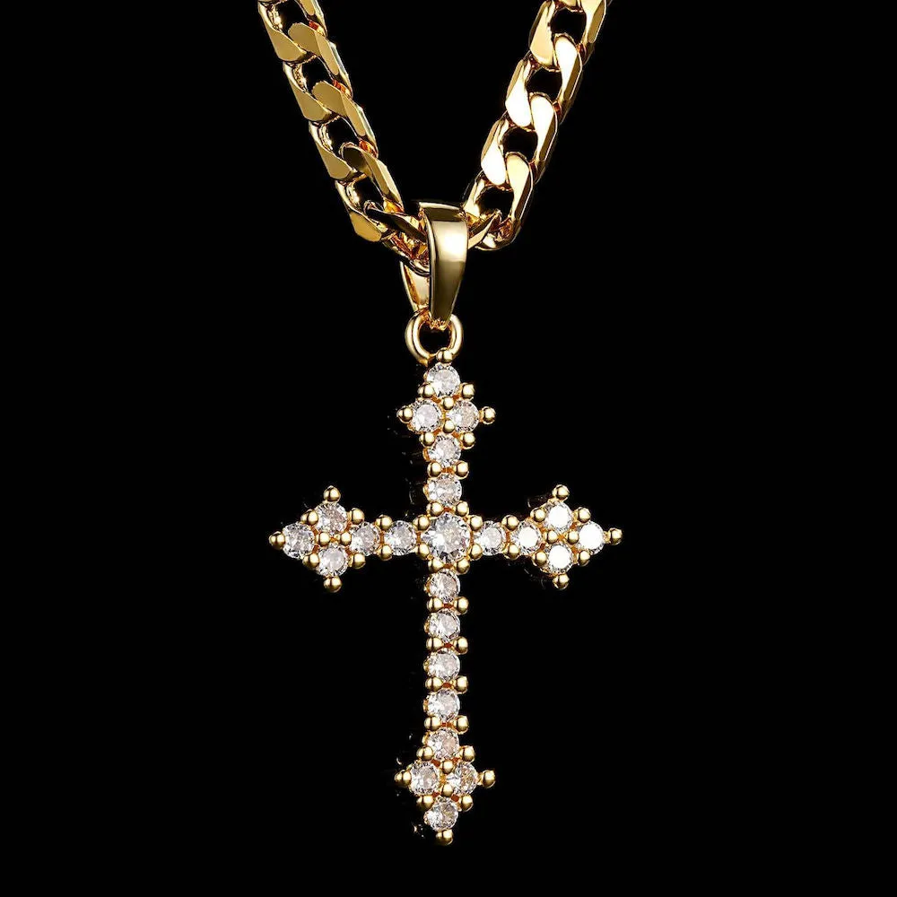 Gold Crystal Cross Pendant 22 Inch 6mm Cuban Chain