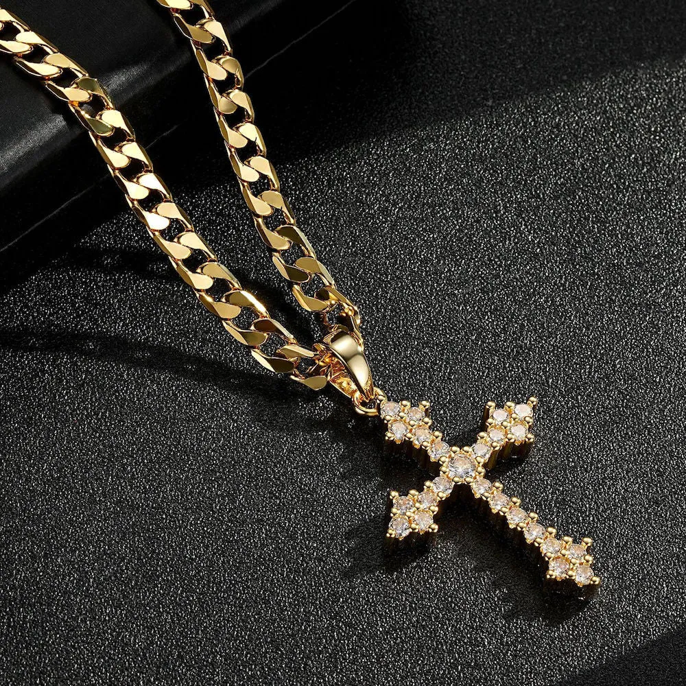 Gold Crystal Cross Pendant 22 Inch 6mm Cuban Chain