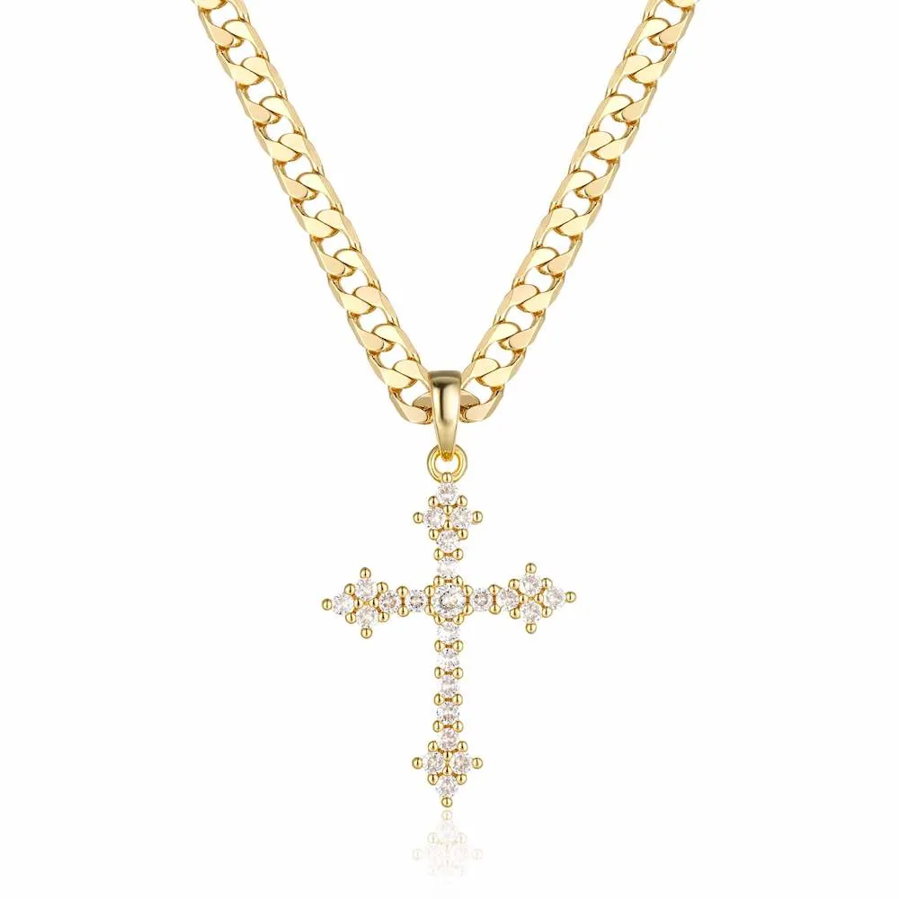 Gold Crystal Cross Pendant 22 Inch 6mm Cuban Chain