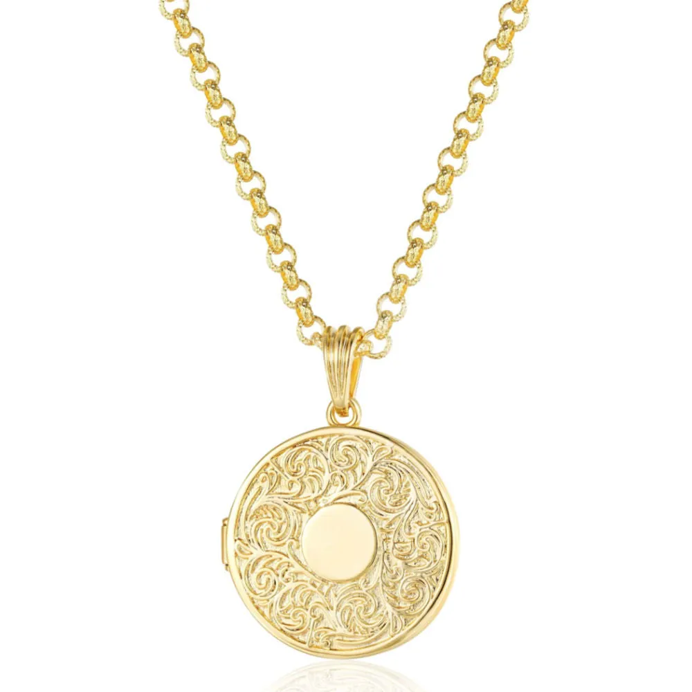 Gold Filigree Round Locket 22 Inch 4mm Belcher Chain