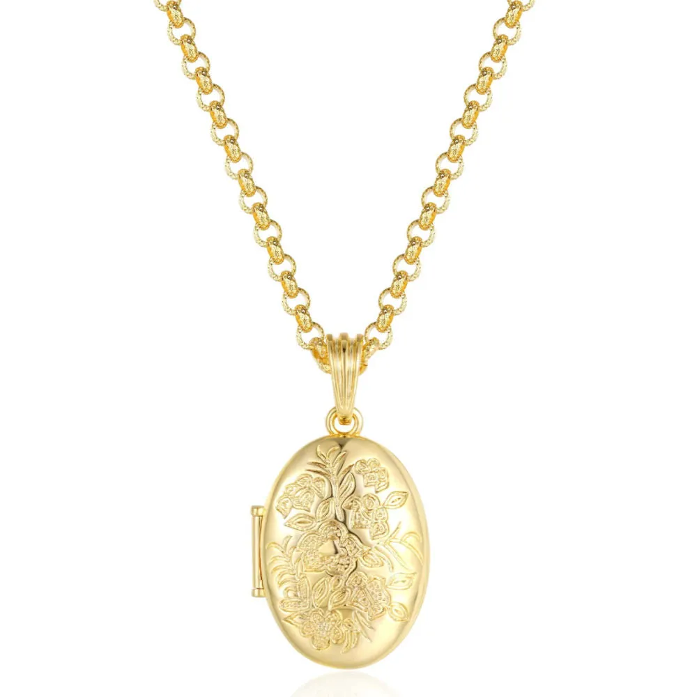 Gold Filled Bonded Oval Locket with Floral Design 22 Inch 4mm Belcher Chain