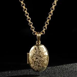 Gold Filled Bonded Oval Locket with Floral Design 22 Inch 4mm Belcher Chain