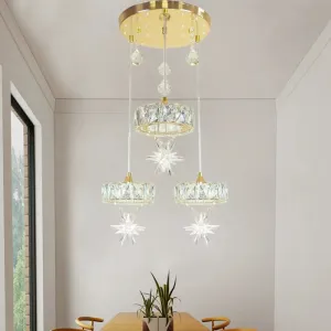 Gold Finished Crystal Pendant Light with Star Design - 3 Head, Simple Style