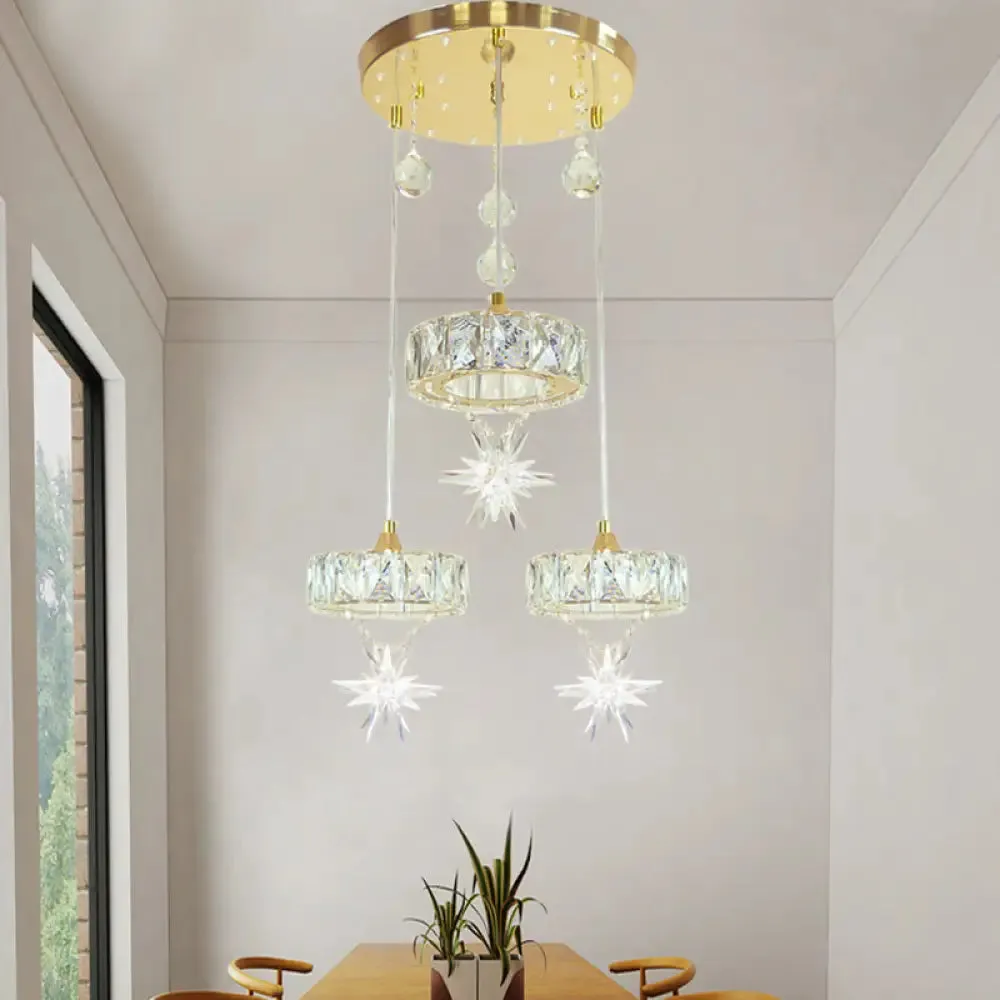 Gold Finished Crystal Pendant Light with Star Design - 3 Head, Simple Style