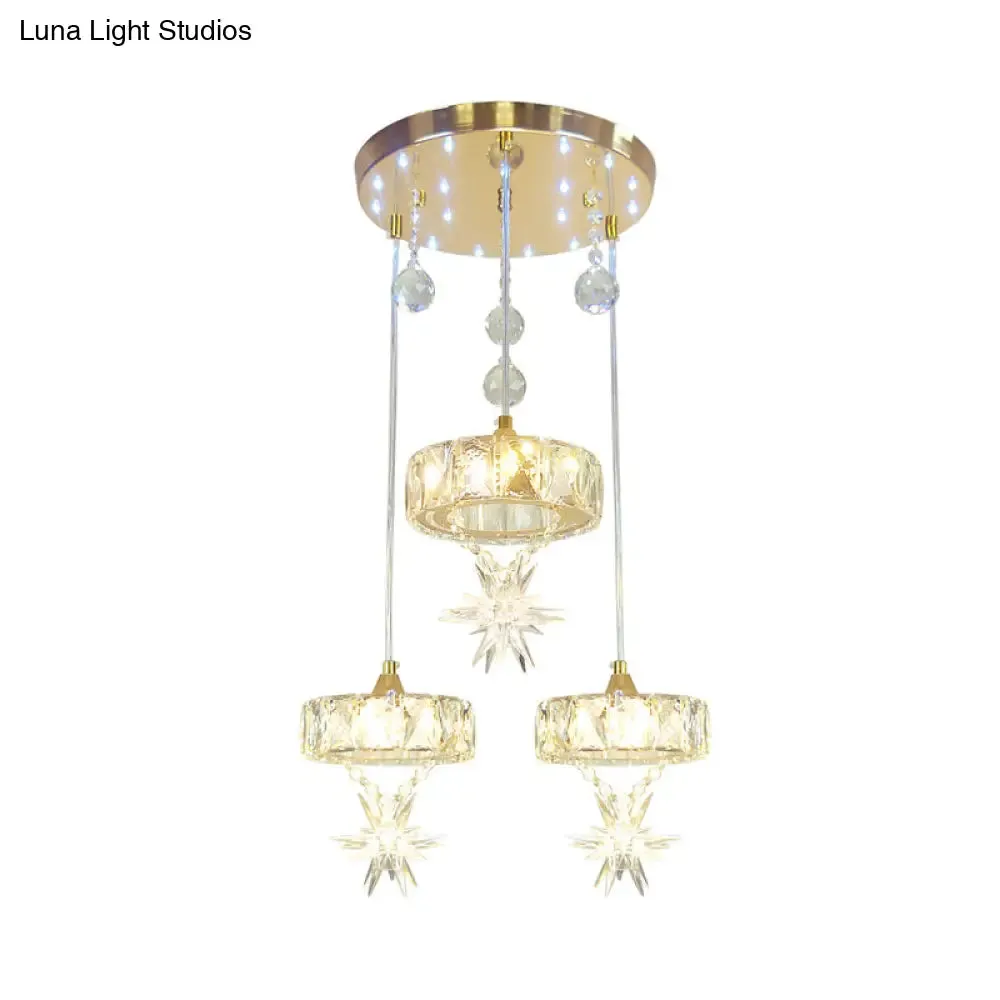 Gold Finished Crystal Pendant Light with Star Design - 3 Head, Simple Style