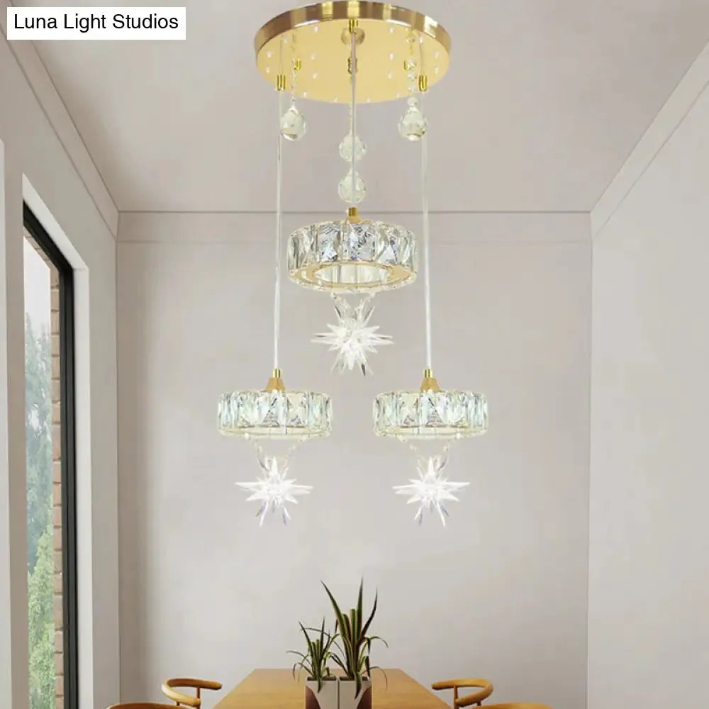 Gold Finished Crystal Pendant Light with Star Design - 3 Head, Simple Style