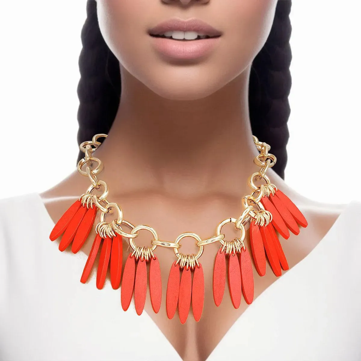 Gold Link Chain Red Drops Detail Statement Necklace - Fashion Jewelry to Shop Now!