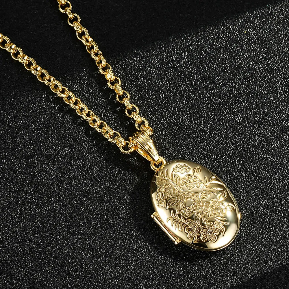 Gold Oval Locket with Floral Design 22 Inch 4mm Belcher Chain