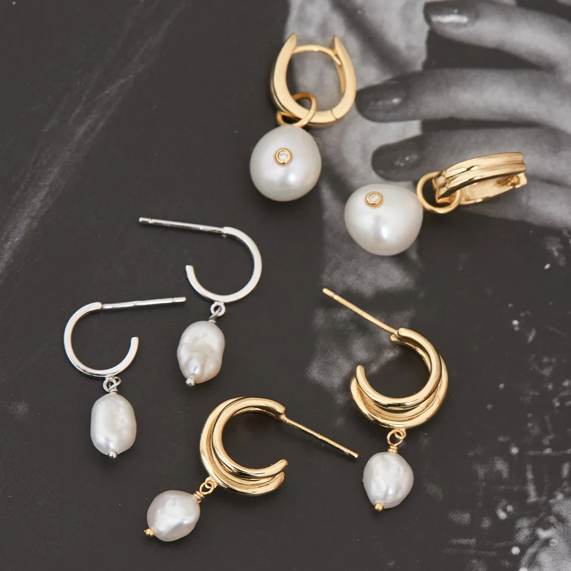 Gold Pearl Drop Sparkle Huggie Hoop Earrings 