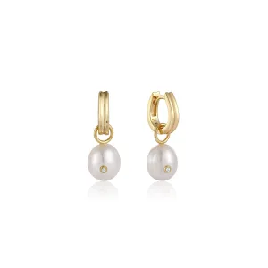 Gold Pearl Drop Sparkle Huggie Hoop Earrings 