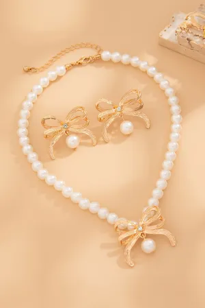 Gold Rhinestone Pearl Bow Decor Plated Necklace and Earrings Set