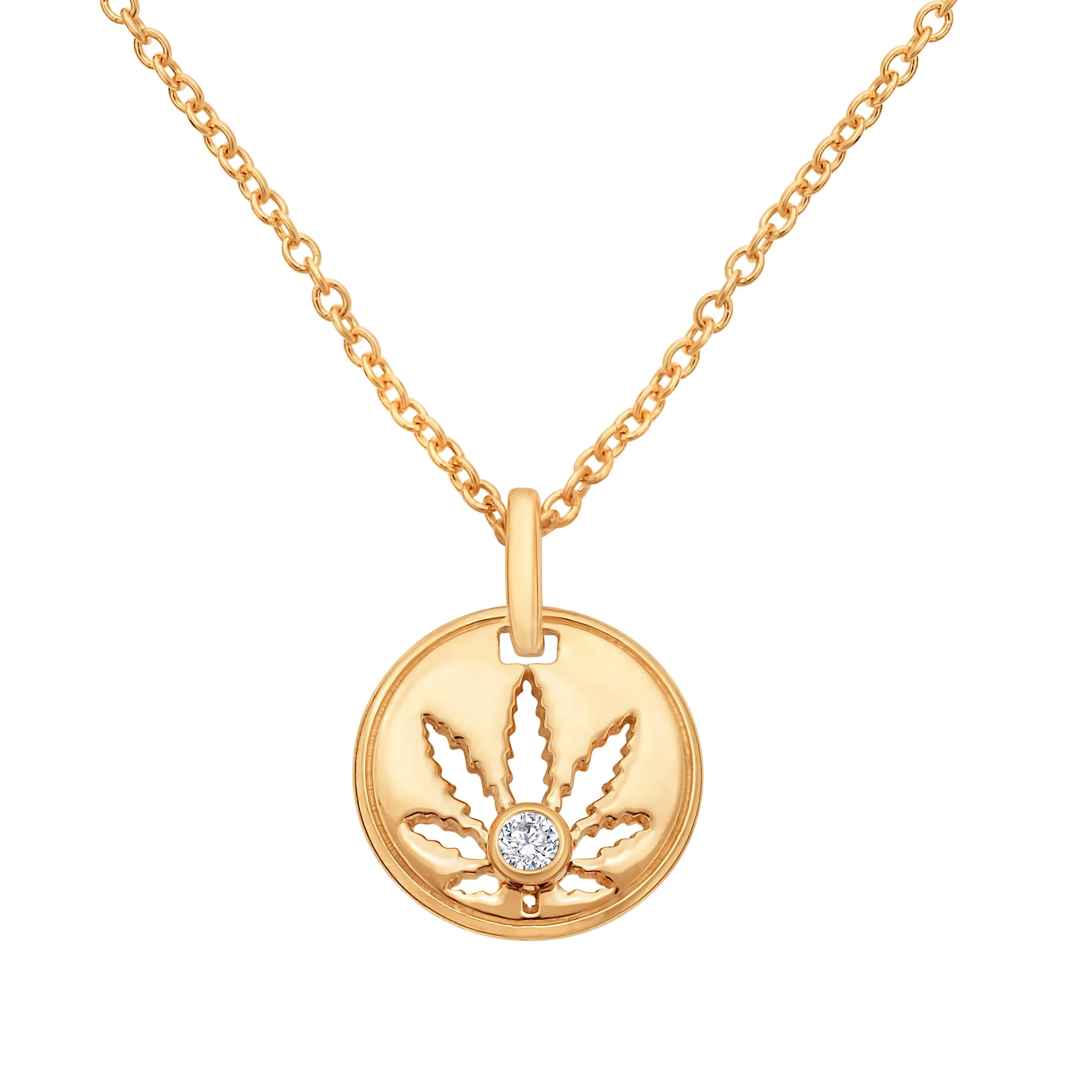 Gold Sativa Leaf Cutout Disc Pendant with a Diamond