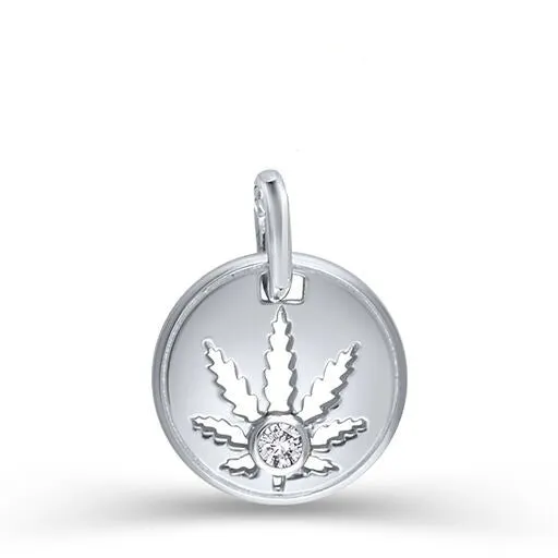 Gold Sativa Leaf Cutout Disc Pendant with a Diamond