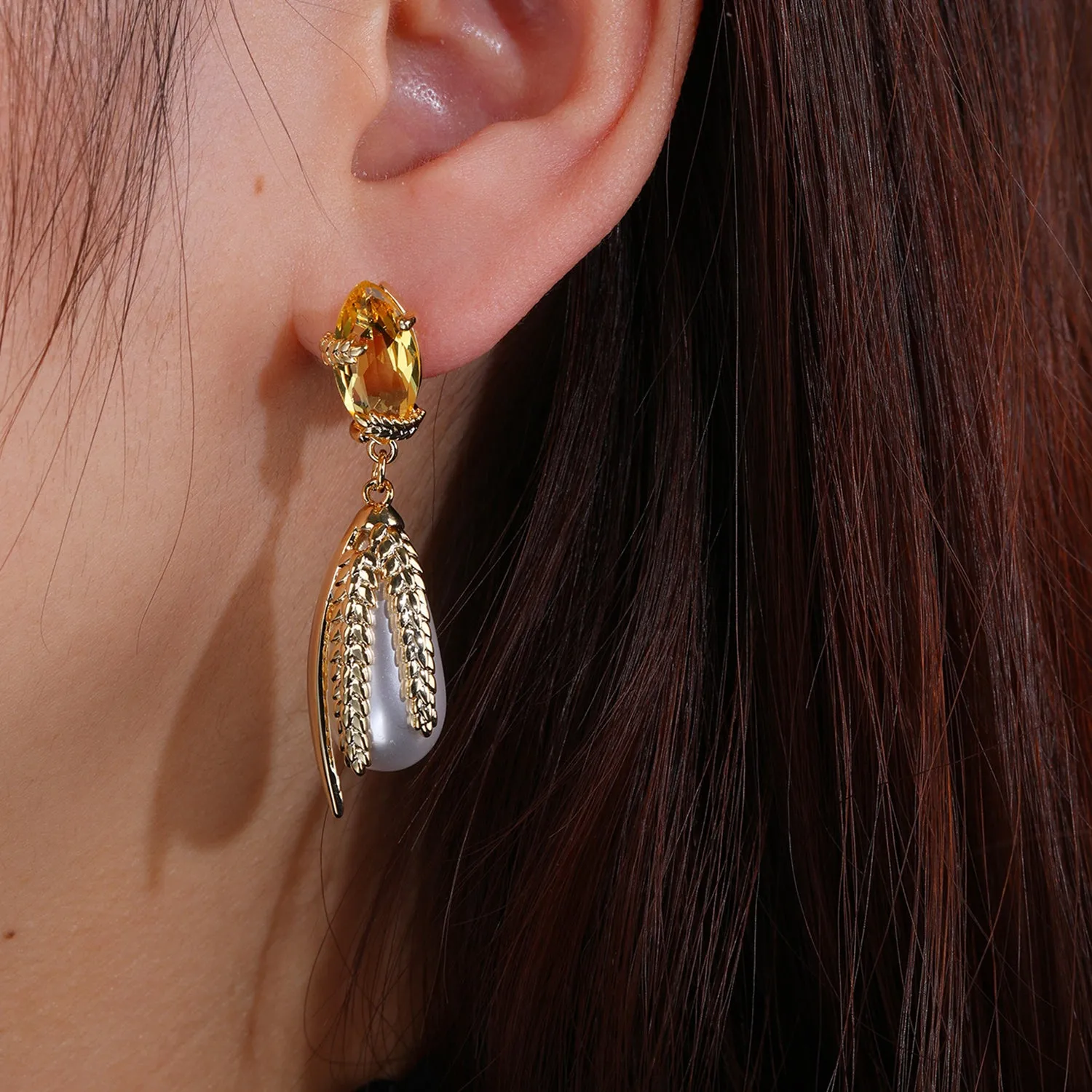 Gold Wheat with  Cubic Zirconia Dangle Earring for Wedding Accessories Jewelry CE11913