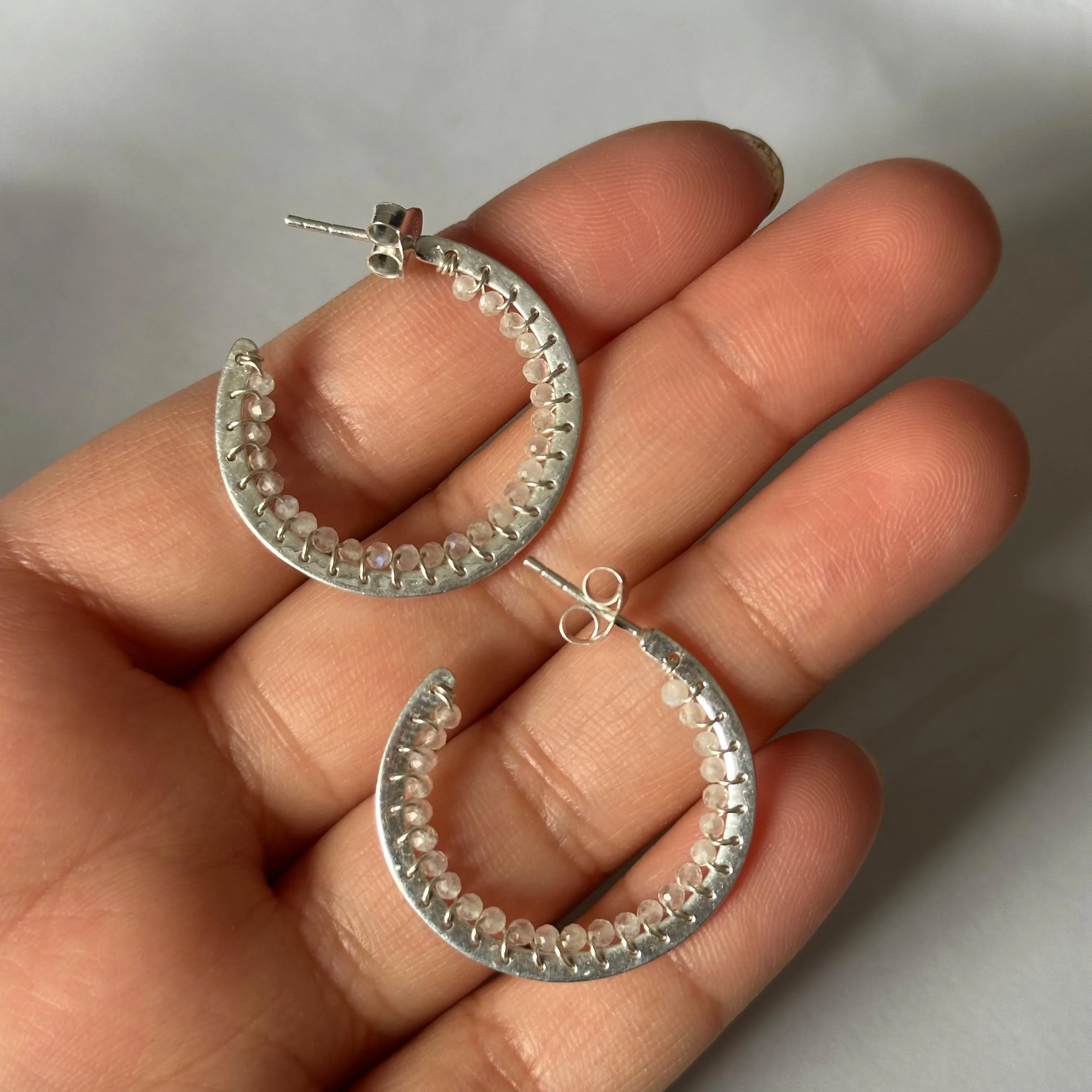 Hoop Earrings in Sterling Silver with Moonstone Gemstone