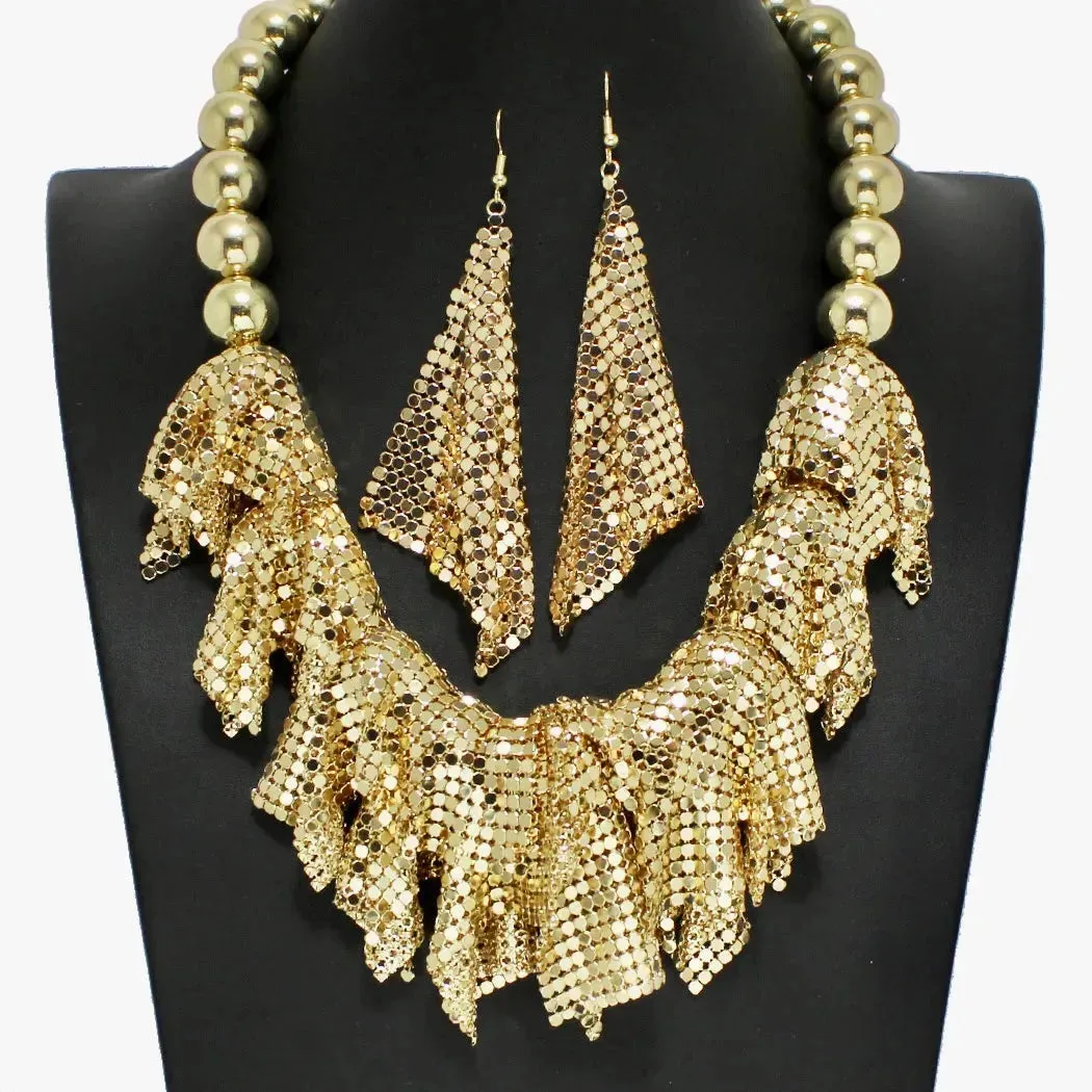 Iconic Mesh Bead Necklace Set: Bold Gold Fashion Jewelry