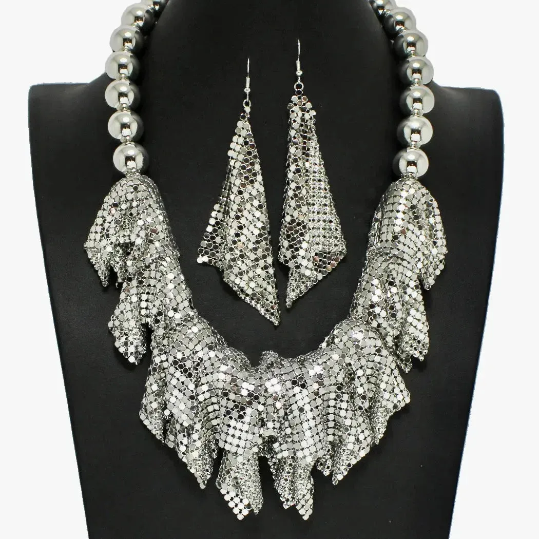 Iconic Mesh Bead Necklace Set: Bold Silver Fashion Jewelry