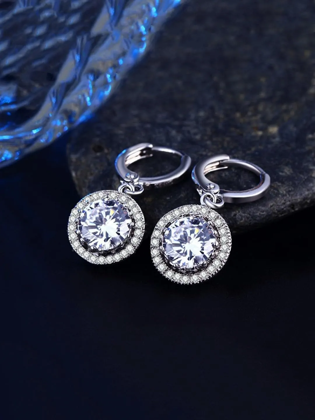 Kairangi Earrings for Women and Girls Silver Crystal Drop Earrings | Silver Toned Crystal White Circle Drop Hoop Earrings for women | Birthday Gift for girls and women Anniversary Gift for Wife