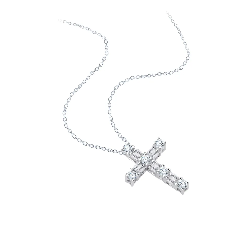 KATARINA Round and Baguette Cut Diamond Cross Pendant Necklace (1 cttw)