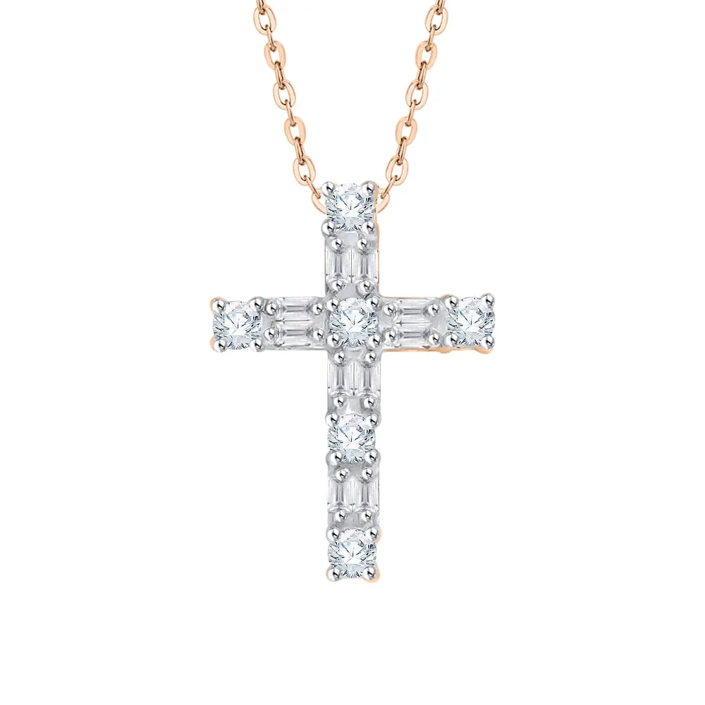 KATARINA Round and Baguette Cut Diamond Cross Pendant Necklace (1 cttw)