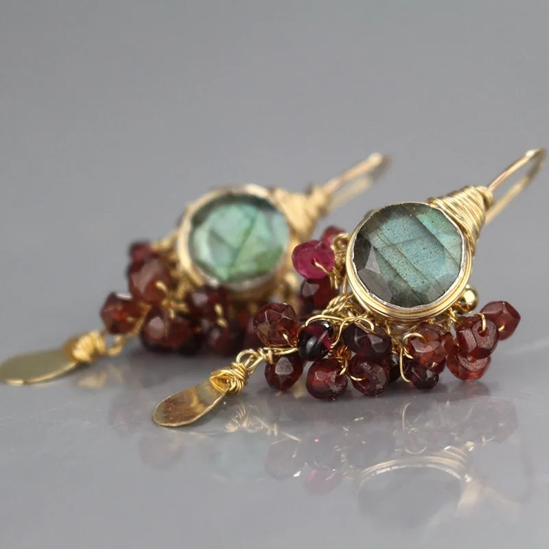 Labradorite Garnet Goddess Earrings