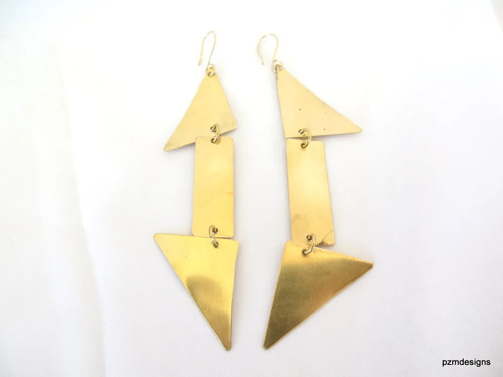 Long geometric earrings, gold triangle dangle earrings, minimalist modern brass earrings