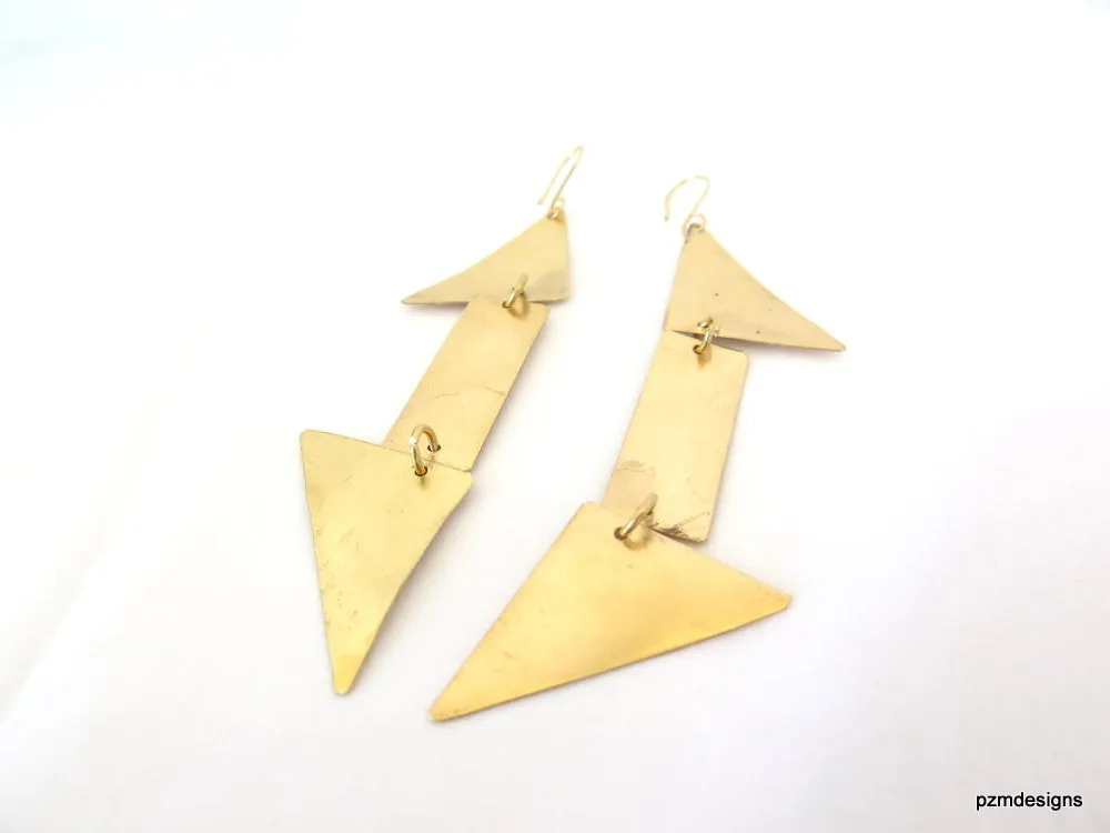 Long geometric earrings, gold triangle dangle earrings, minimalist modern brass earrings