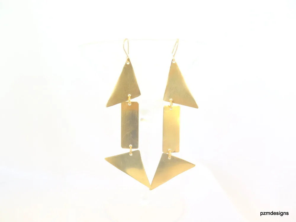 Long geometric earrings, gold triangle dangle earrings, minimalist modern brass earrings