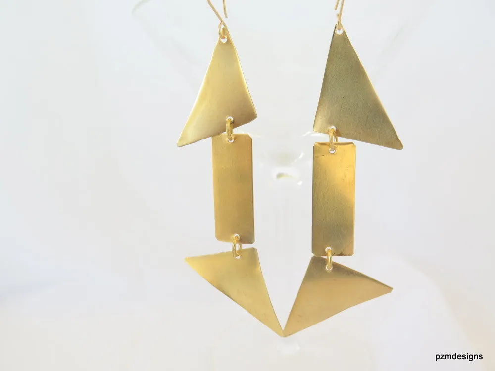 Long geometric earrings, gold triangle dangle earrings, minimalist modern brass earrings