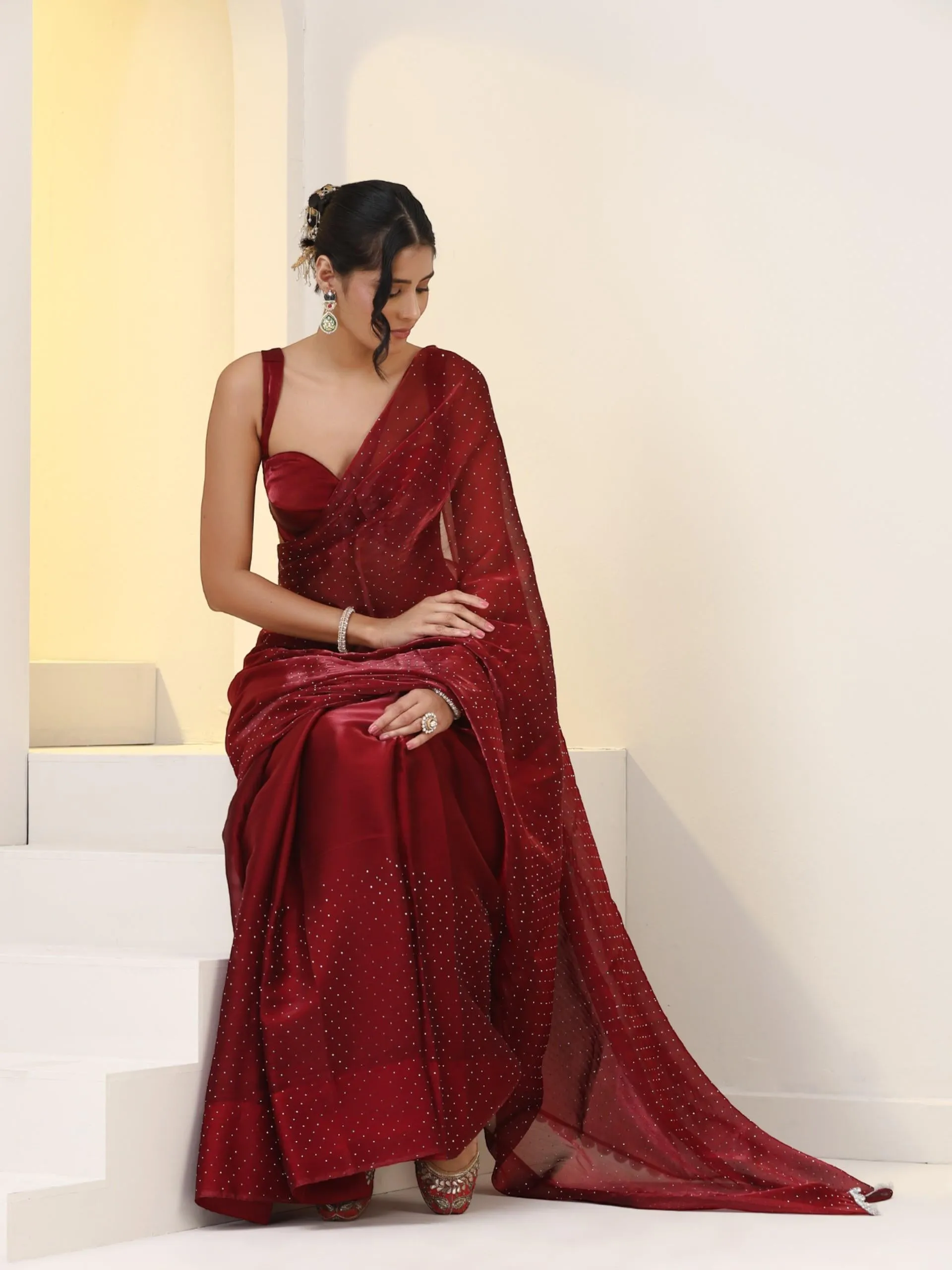 Maroon Swarovski style Saree with Lace and Blouse Fabric