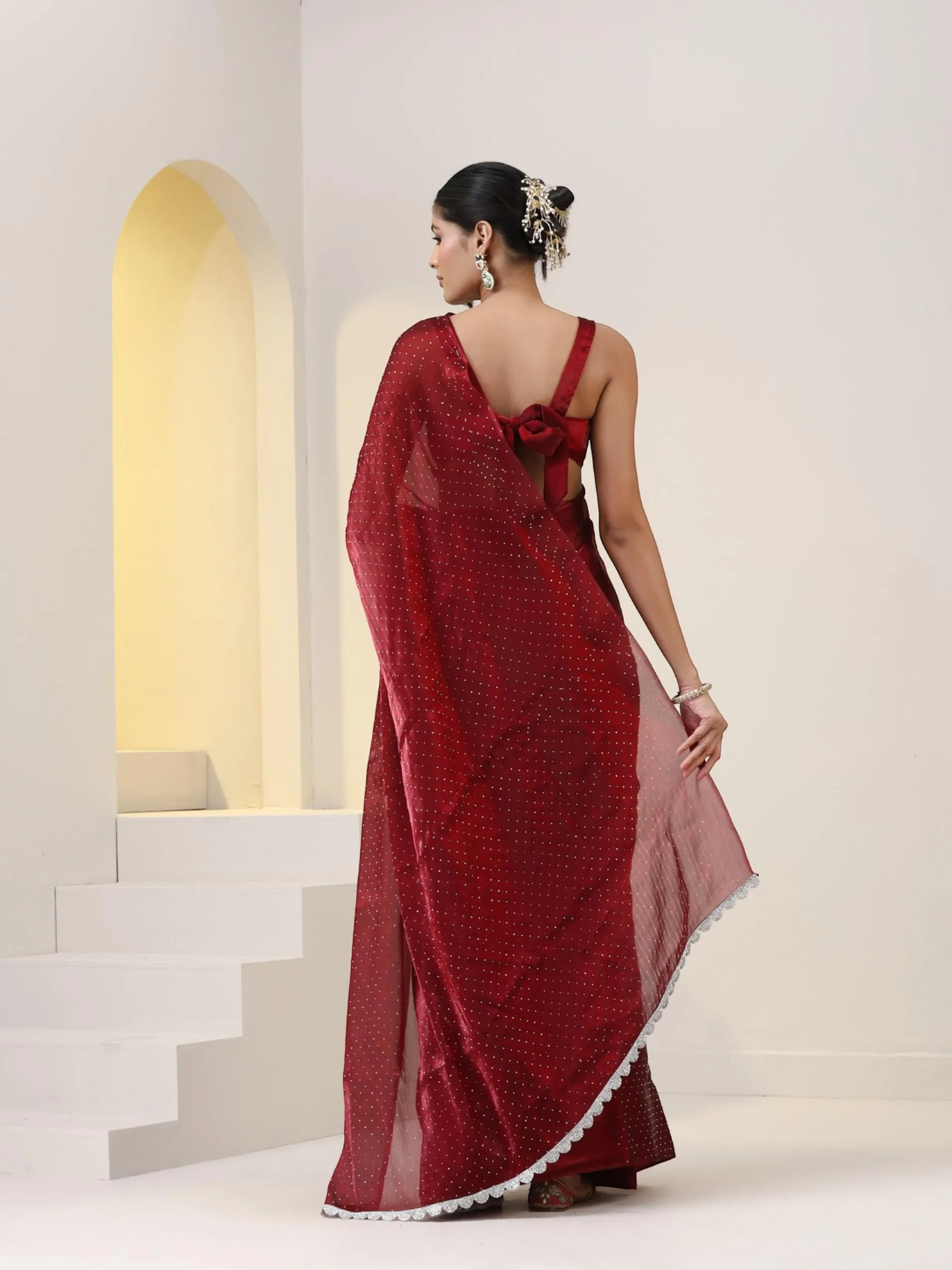 Maroon Swarovski style Saree with Lace and Blouse Fabric