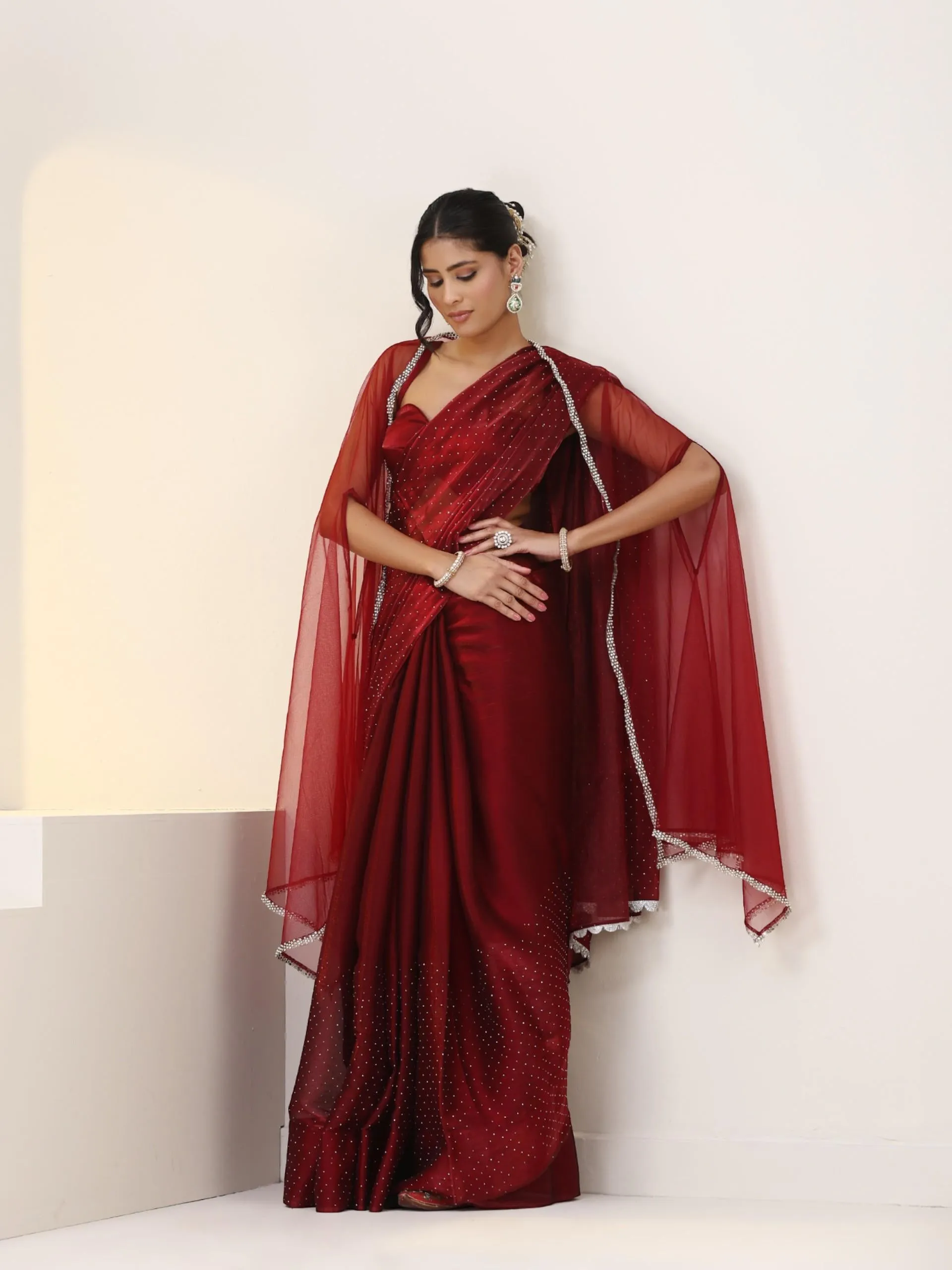 Maroon Swarovski style Saree with Lace and Blouse Fabric