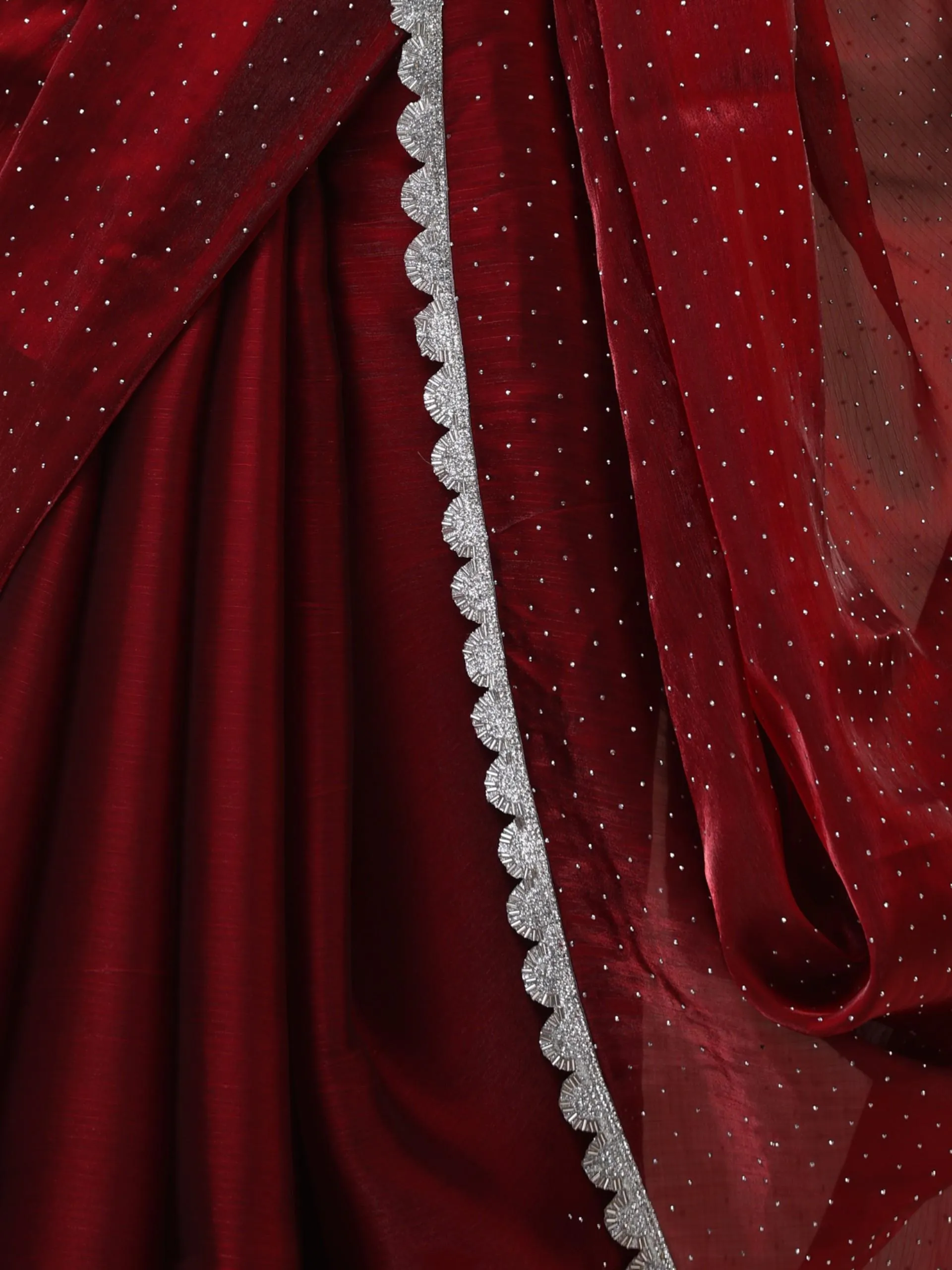 Maroon Swarovski style Saree with Lace and Blouse Fabric