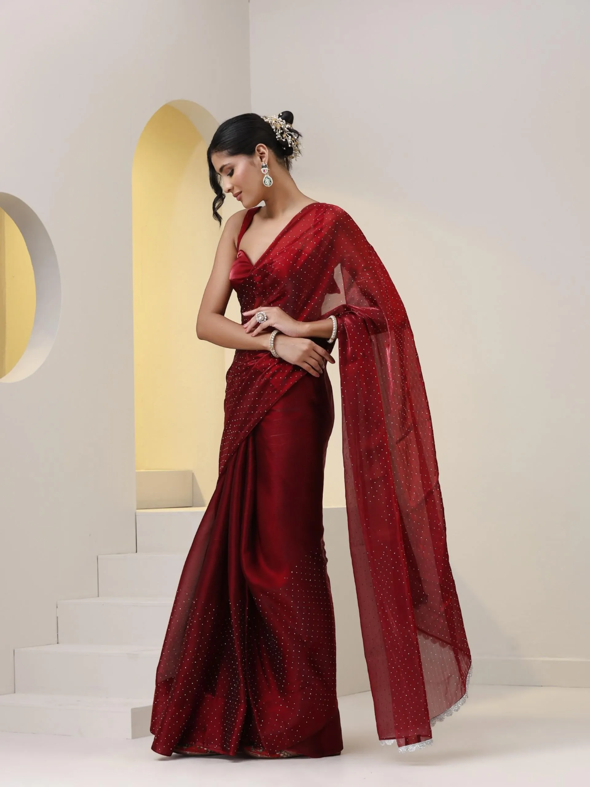 Maroon Swarovski style Saree with Lace and Blouse Fabric