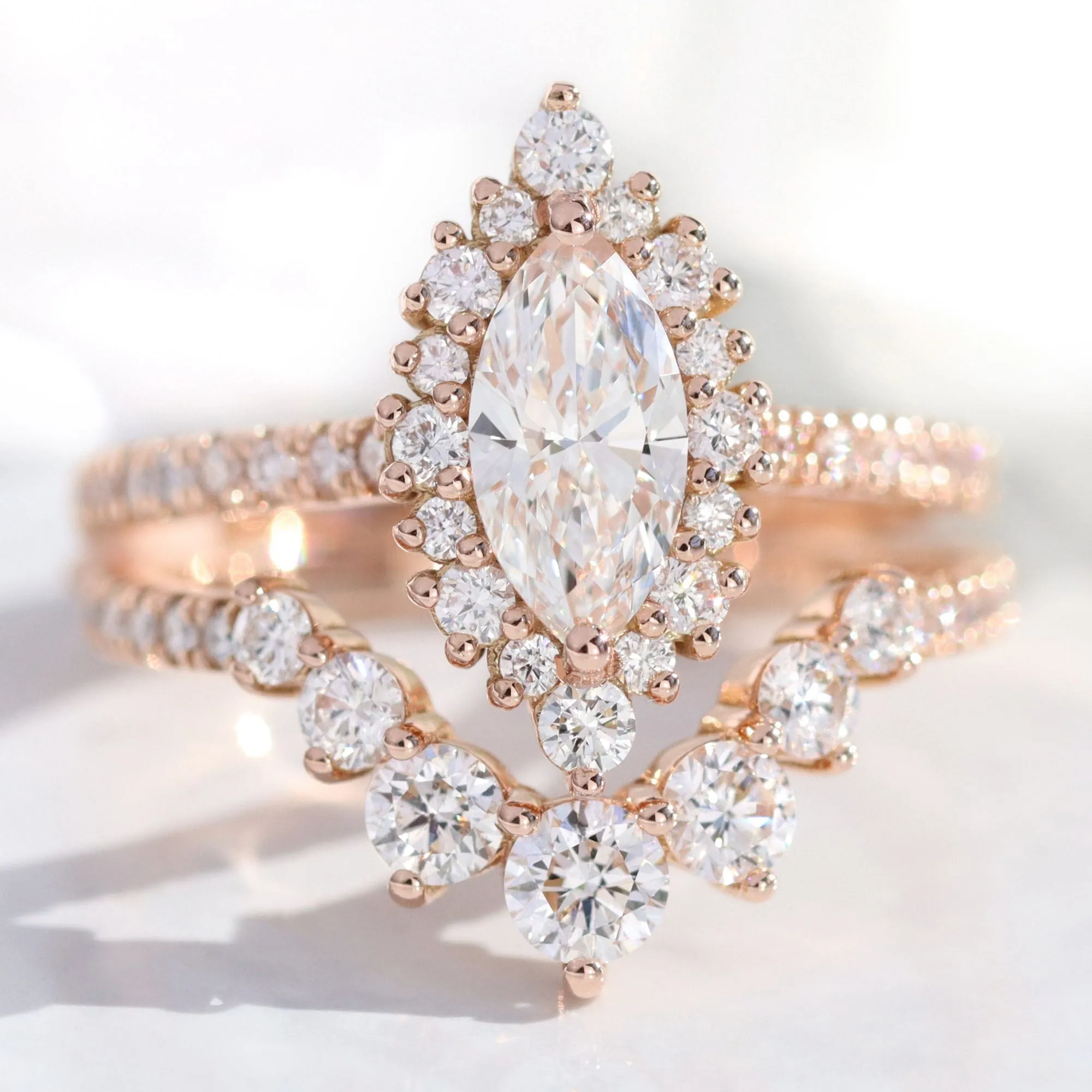 Marquise Diamond Halo Pave Ring w/ Lab Diamond and Large 7 Stone Wedding Band