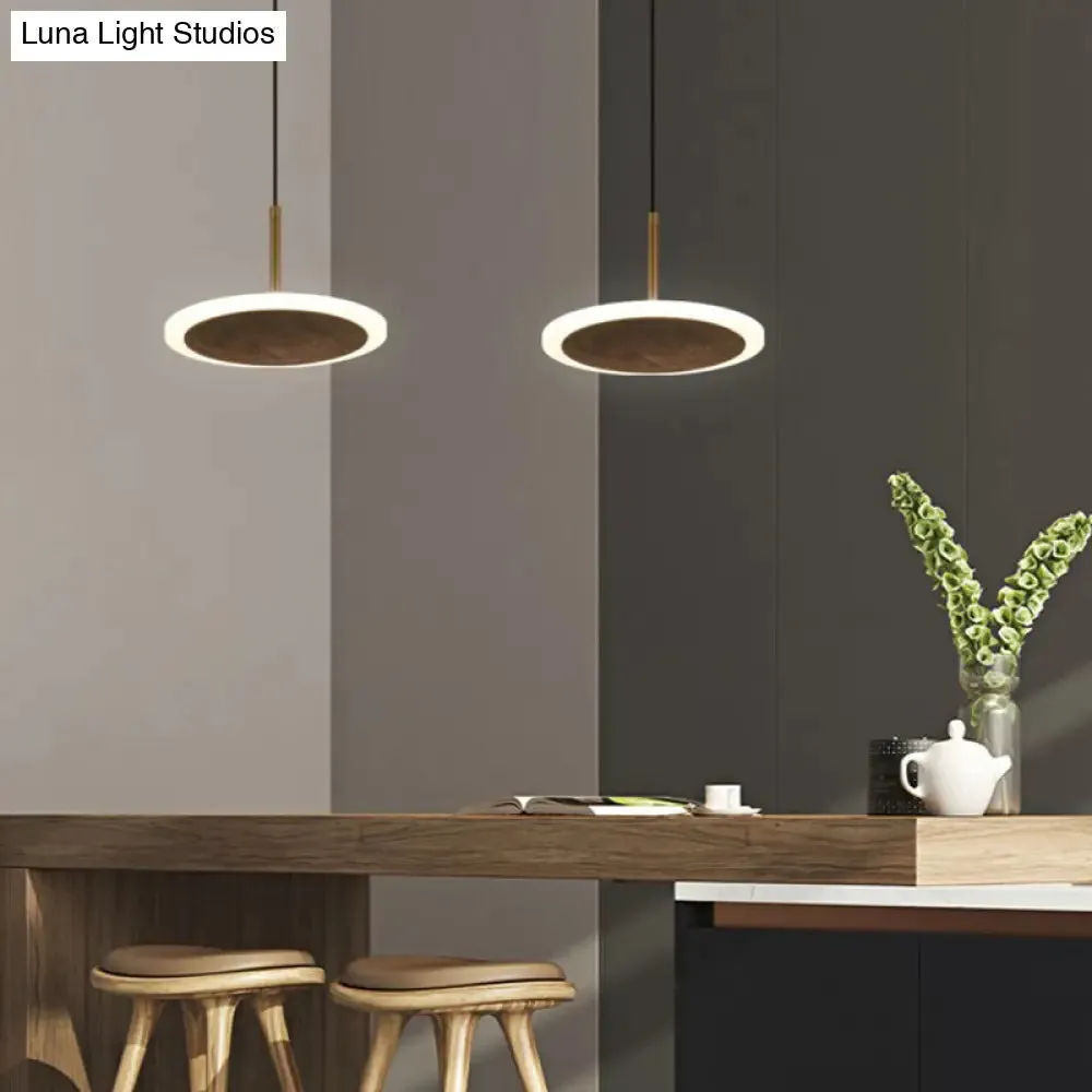 Modern Round Brown Walnut Wood Pendant Light - Simple LED Hanging Lamp for Living Room