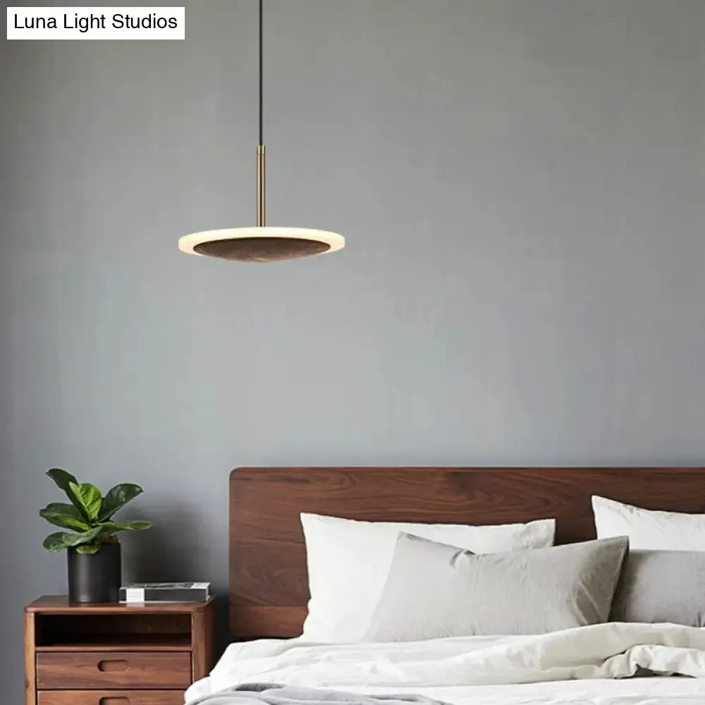 Modern Round Brown Walnut Wood Pendant Light - Simple LED Hanging Lamp for Living Room